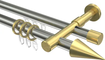 Produktbild von Interdeco Rundrohr-Innenlaufstange / Gardinenstange (Kombination) Edelstahl-Optik / Messing-Optik, Typ Prestige Savio (Kegel), 20 mm Ø 2-läufig, 600 cm
