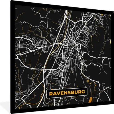Produktbild von MuchoWow® Gerahmtes Poster Schwarz und Gold - Stadtplan - Ravensburg - Deutschland - Karte 40x40 cm - Poster mit Schwarzem Bilderrahmen Wandposter Rahmen Foto Bilder - Mit Rahmen - Wanddekoration Schlafzimmer