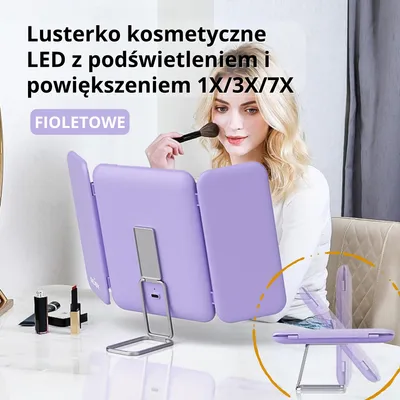 Zdjęcie produktu dla Lusterko kosmetyczne LED z podświetleniem i powiększeniem 1X/3X/7X – dotykowe, trójskrzydłowe, składane – do makijażu i podróży – Fioletowe