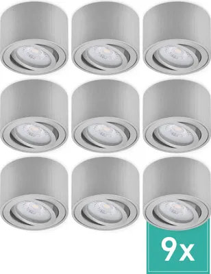 Produktbild von 9er Set Oktaplex Aufbaustrahler Alu flach & schwenkbar inkl. LED Modul 3000K warmweiß - Aufbauspot Aluminium gebürstet