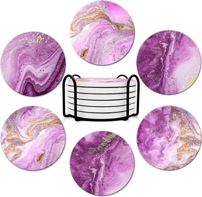 Produktbild von Runde absorbierende keramische Untersetzer Set von 6 mit Korkbasis - Lustige Untersetzer mit Halter für kalte Getränke, Weingläser und Tassen