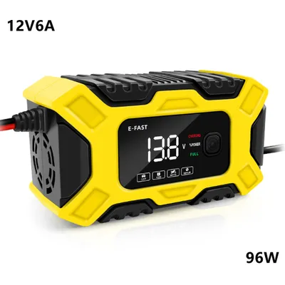 Produktbild von Neue Profi Batterieladegerät(Gelb),12V/6A intelligentes automatisches Batterieladegerät, Wartungsgerät mit LCD-Display, Impulsreparatur-Ladegerät für Auto,Rasen,Mäher,Motorrad,Boot,SUV und mehr
