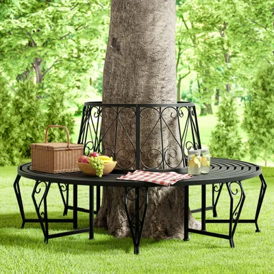 Image de Banc de jardin rond noir Ø160 cm acier thermolaqué robuste pieds incurvés banc circulaire tour d'arbre banquette ronde