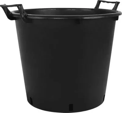 A black plastic bucket with handles, shown against a white background.