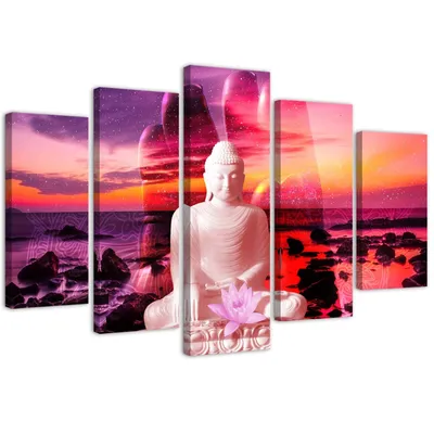 Produktbild von 5-teiliges leinwandbild buddha vor dem ozean 100x70 cm Feeby rosa wandbild bereit zum aufhängen