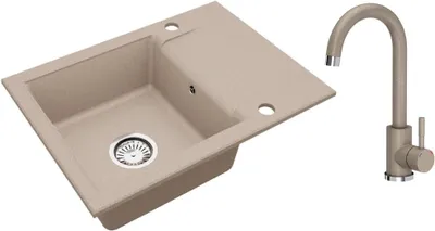 Produktbild von VBChome Granitspüle Beige 59 x 44 cm mit Armatur Einzelbecken Einbauspüle Reversibel Gesprenkelt Pflegeleichtes Spülbecken mit Siphon