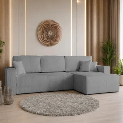 Produktbild von GOLDSTOFF Ecksofa mit Schlaffunktion und Bettkasten | Ecksofa L-Form für Wohnzimmer | Cord Sofa mit Liegefläche 230x147cm | Schlafsofa (Grau)
