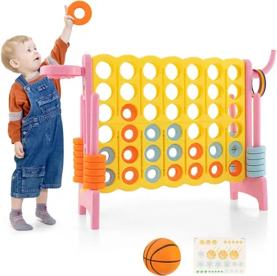 Produktbild von GOPLUS Riesiges 4 Gewinnt Spiel, Strategiespiel mit 42 Ringen, Basketballkorb & Wurfspiel & Schnellspannhebel, 4 in Einer Reihe für Kinder