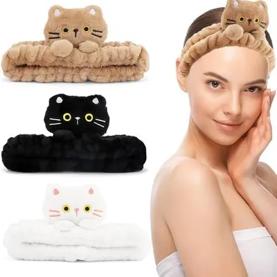 Produktbild von Kosmetik-Haarband mit Katzenohren, 3 Stück, als Stirnband zum Schminken für Damen und Mädchen