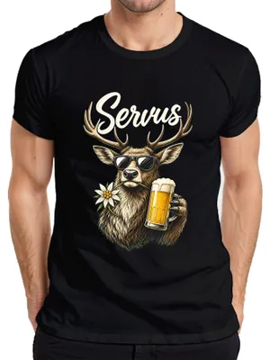 Produktbild von Servus Hirsch Bier Sonnenbrille Edelweiss Bayern Lederhose Dirndl Herren T-Shirt, Schwarz, L