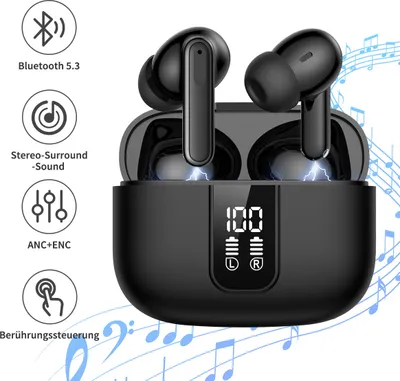 Produktbild von CMYbabee Bluetooth Kopfhörer, In Ear Kopfhörer Kabellos Bluetooth 5.3 mit Tiefer Bass, Kabellose Kopfhörer Noise Cancelling Earbuds mit 4 ENC Mic, IPX7 Wasserdicht Ohrhörer, USB-C, Schwarz