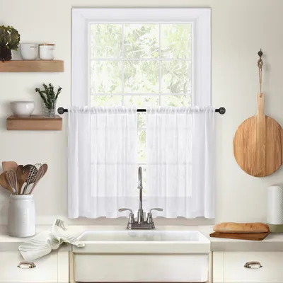 Immagine prodotto di 2 tende a pannello trasparenti effetto lino, tende da bistrot in voile, tende corte per cucina, soggiorno e camera da letto, bianco, L63xA78 cm