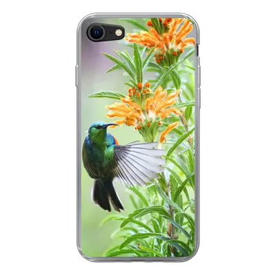 Produktbild von MuchoWow® Handyhülle Schutzhülle Hülle für iPhone SE 2022 Nahaufnahme eines bunten Vogels neben Pflanzen mit orangefarbenen Blüten Silikon Softcase Handy Hülle - Schutzhülle