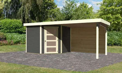Produktbild von Karibu Gartenhaus Gerätehaus Schwandorf 5 im Set mit Anbaudach 2,80 m Breite und 19 mm  Rückwand terragrau 496,5x246x218 cm