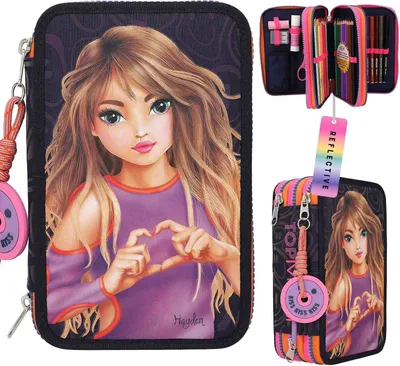 Obrázek produktu pro Penál TOPModel NIGHT LIGHT, 3 přihrádky, každá naplněná 18 barevnými a fixovými pery, 2 tužky, pravítko, guma, ořezávátko, nůžky, lepidlo, přívěsek HAPPY na zipu,, Materiál: 100% polyester,,, Depesche