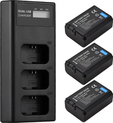 Produktbild von NP-FW50 Akkuladegeraet, 3-Slot-Ladegeraet mit LED-Anzeigen, Micro-USB- und Typ-C-Anschluss + 3 Stueck NP-FW50-Akkus, 7,4 V, 1500 mAh, kompatibel mit Sony ZV-E10/A6000/A6500/A6300/A7/A7II/A7SII/A7S/A7S2/ A7R/A7R2/A7RII/A55/A510/RX10/RX10II