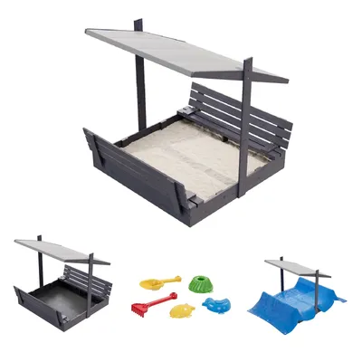 Produktbild von QLS Holz-Sandkasten 150 cm mit Sitzbank und grauem Dach Abdeckung imprägniert 11295