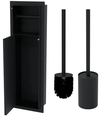 Produktbild von HAGO24 WC Modul Edelstahl Schwarz Einbauschrank Unterputz Wandnische 200x600mm Toilettenpapierhalter Bürstenhalter Push-to-Open befliesbare Tür