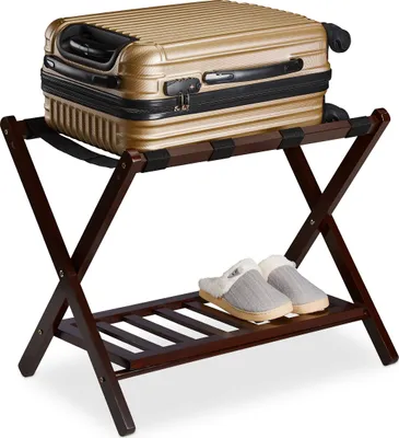 Produktbild von Relaxdays Kofferständer klappbar, Kofferhocker Holz, HBT 54,5 x 66 x 44,5 cm, 2 Ablagen, Kofferaufbewahrung Hotel, braun