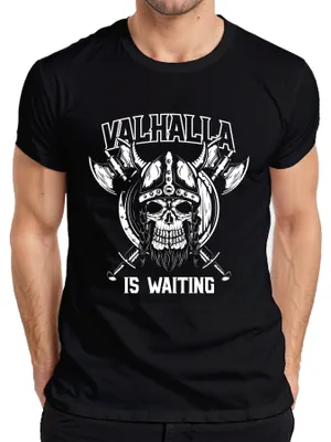 Productafbeelding van Valhalla wacht. Viking schedel, bijl, schild, Odin, runen, Asgard, heren T-shirt, zwart, maat XL