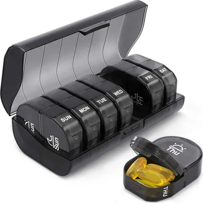 Produktbild von Tablettenbox 7 tage, Pillendose 2 Fächer, Medikamentenbox 7 tage, Tablettenteiler, mit Druckverschluss