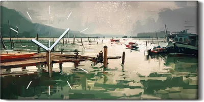 Produktbild von Dekor Leinwand Uhr Wandbilder 60x30 Gemälde Hafen See Schiffe Berg Kunst - weiße Hände