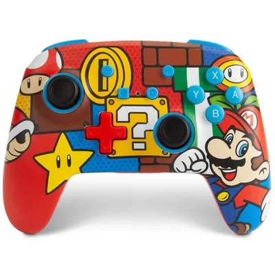 A Nintendo Switch controller with a Mario-themed design.