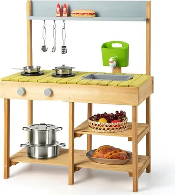 Imagen del producto de Cocina de exterior Matschküche, cocina de madera para niños con función de agua, cocina de juego con ganchos y estante desmontable, cocina de jardín para exteriores, ideal para niños a partir de 3 años