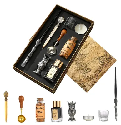 Produktbild von Kalligraphie Stift Set mit Holzstift, Tinte und Wachssiegel, Antikes Schrein Geschenkset