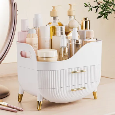 Produktbild von Make-up-Organizer mit 2 Schubladen, großer, rutschfester Organizer für den Schminktisch, Kosmetik-Organizer, idealer Organizer für Hautpflegeprodukte für Waschbecken, Waschtische und Badezimmer (weiß)