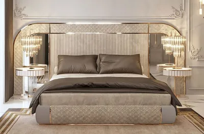Produktbild von Casa Padrino Luxus Art Deco Doppelbett Grau / Gold 350 x 209,5 x H. 140 cm - Edles Massivholz Bett mit verspiegeltem Kopfteil - Luxus Schlafzimmer Möbel - Hotel Möbel - Art Deco Möbel