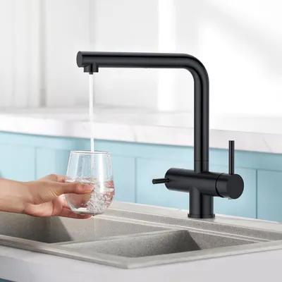 Image de Robinet de cuisine à 3 voies, extractible, en acier inoxydable, noir