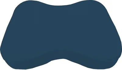 A single, dark blue pillow in a neutral, white background.
