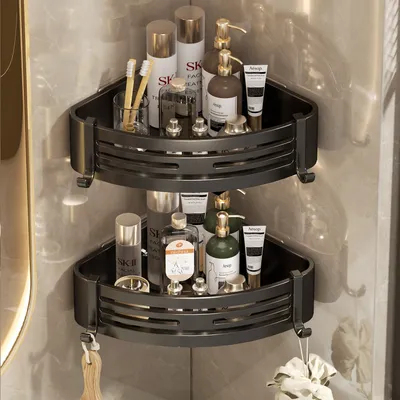 Produktbild von Duschkorb 2-Stück Eckregal ohne Bohren aus rostfreiem Aluminium für die Dusche mit 4 Klebeflächen und 4 Haken, für Bäder Küchen Duschgel,schwarz,2 St