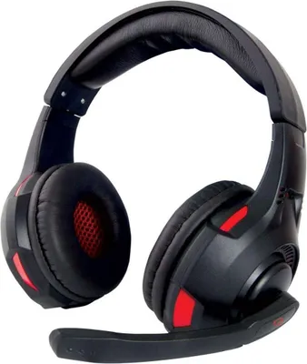 A black gaming headset with red accents and a microphone.