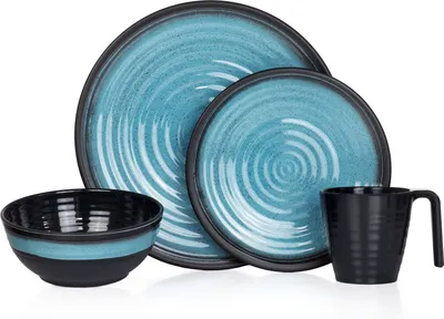 Produktbild von Camping Geschirr Set 1 Person 4-teilig | Melamin | Picknick Geschirrset | Campinggeschirr Stone Blue Design