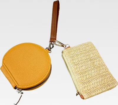 Produktbild von Damen Schlüsselbund-Geldbörse, abnehmbare Doppeltasche, tragbares Kunstleder, Münzgeldbörse mit Reißverschluss und kleiner Strohtasche, Hellgelb und Gelb