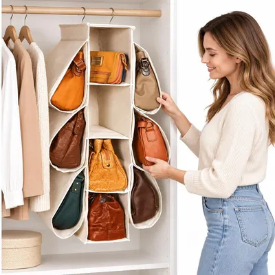 Produktbild von Handtaschen Organizer, hängende Taschenaufbewahrung, 4 Ebenen, Vliesstoff mit Metallrahmen, platzsparend für Kleiderschrank