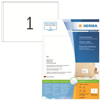 Obrázok produktu pre HERMA Adressetiketten A5 weiß 148,5x205 mm Papier 400 St.