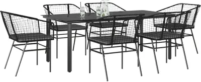 Produktbild von 7-tlg. Garten-Essgruppe mit Kissen Schwarz Poly Rattan Glas