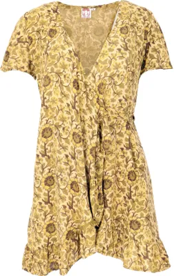 Produktbild von Minikleid Boho Chic, Damen Wickelkleid, Blockprint Sommerkeid - Curry, Gelb, Viskose, Größe: XL