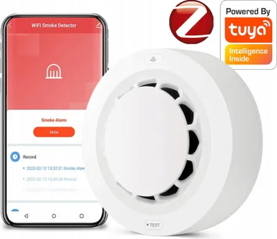 A white smoke detector is shown next to a smartphone displaying a smoke detector app interface. Logos for 'Z' and 'Tuya' are also visible.