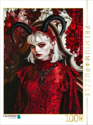 Produktbild von CALVENDO Puzzle Dame mit Teufelshörnern im roten Samtkleid. Gothic Szene | 1000 Teile Lege-Größe 64x48cm Foto-Puzzle für glückliche Stunden