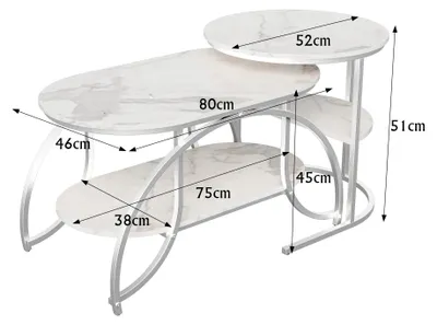 Image de Table basse - Ensemble de deux tables rondes - Plateau en marbre blanc - Structure en métal argenté - Espace de rangement - Dimensions : 80 × 46 × 52 cm + 52 × 52 × 51 cm