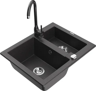 Produktbild von Mexen Carlos 1,5-Becken-Granitspüle mit Mischbatterie Telma, Schwarz gesprenkelt - 6518-76-670200-76