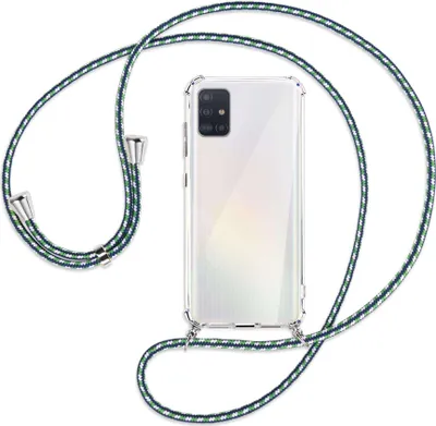 Produktbild von Handykette Backcover-Schutzhülle mit Band (Metall silberfarben) für Samsung Galaxy A51 (A515) - grün/blau/weiß