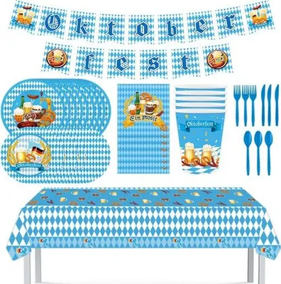 Obrázok produktu pre Sada jednorazového riadu, 9-dielna (9 ks), taniere na , motív Bavorska, modrá/biela, papierové taniere s diamantovým vzorom
