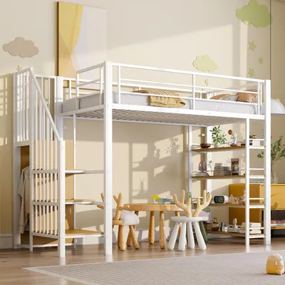 Image de Sweiko Lit surélevé 90x200, avec escalier de sécurité, espace de rangement et petite armoire, étagères, design de clôture haute, lit simple, lit pour adolescents,Blanc (
