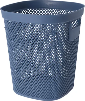 A blue perforated plastic waste bin is shown against a white background.