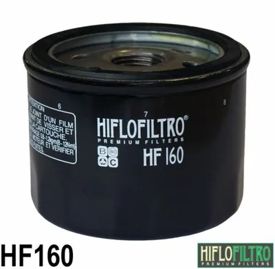 A black oil filter with white text and logos on a white background.